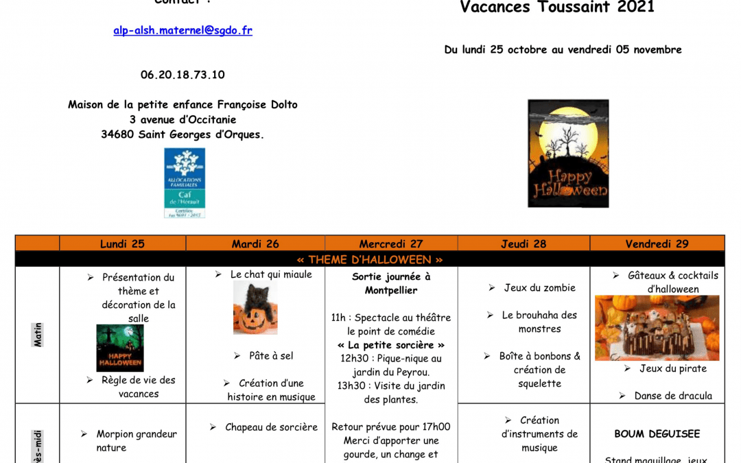 Programme des activités des vacances de Toussaint Les Moussaillons