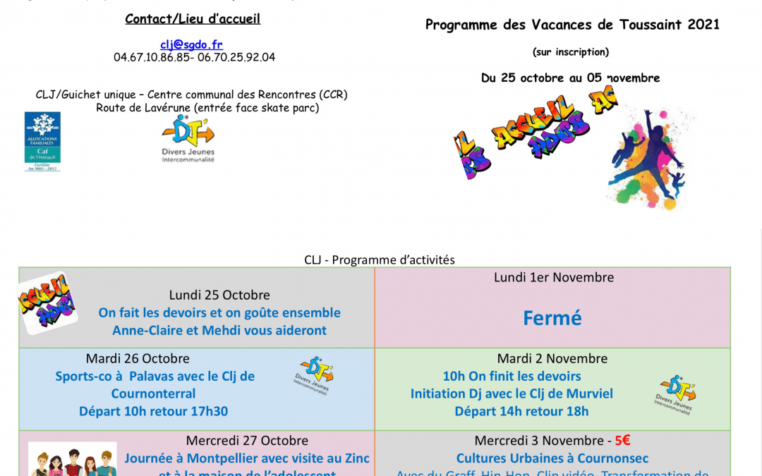 Programme des activités des vacances de Toussaint du CLJ