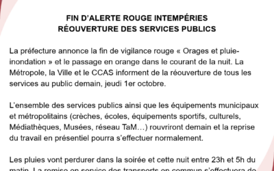 FIN D’ALERTE ROUGE INTEMPÉRIES RÉOUVERTURE DES SERVICES PUBLICS