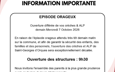 EPISODE ORAGEUX: Ouverture différée de vos crèches & ALP demain Mercredi 7 Octobre 2026
