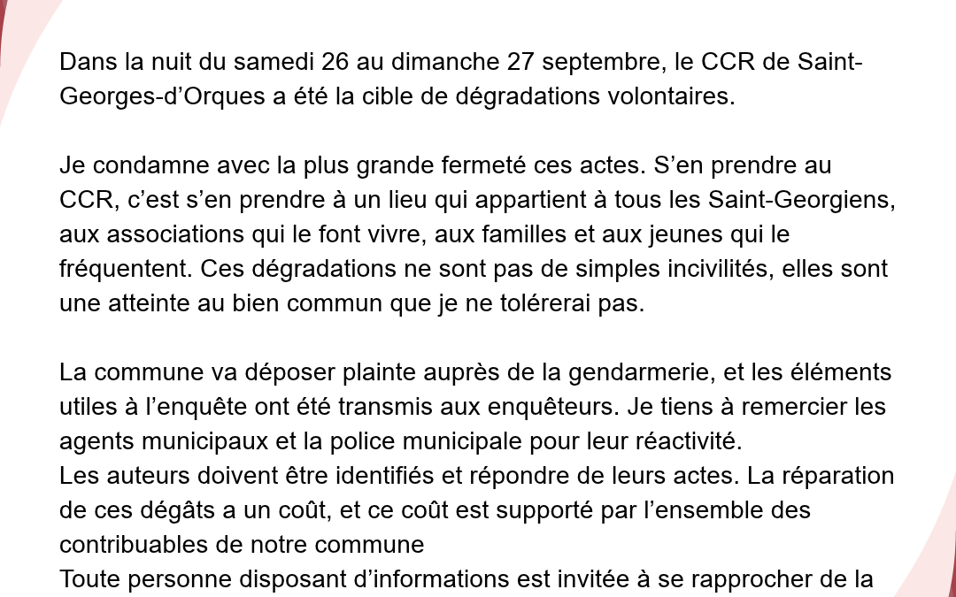 Communiqué Mr le Maire – 28 septembre 2026
