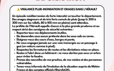⚠️️ VIGILANCE PLUIE-INONDATION ET ORAGES DANS L&rsquo;HÉRAULT – CONSIGNES SECURITÉ