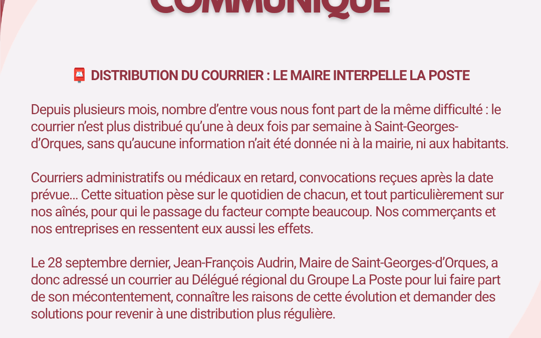 📮 DISTRIBUTION DU COURRIER : LE MAIRE INTERPELLE LA POSTE